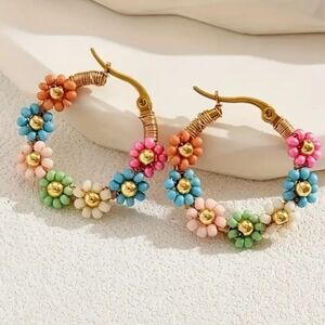 Floral Hoop Earrings with Multicolor Beads